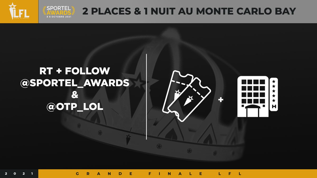 2 places pour la finale de la #LFL le 4 octobre à Monaco + 1 nuit au Monte Carlo Bay à gagner 🤩
Pour participer au tirage au sort RT et follow <a href="/sportel_awards/">SPORTEL AWARDS</a> + <a href="/OTP_LoL/">OTP LoL</a> 

🍀TAS le 28/09 à 18h