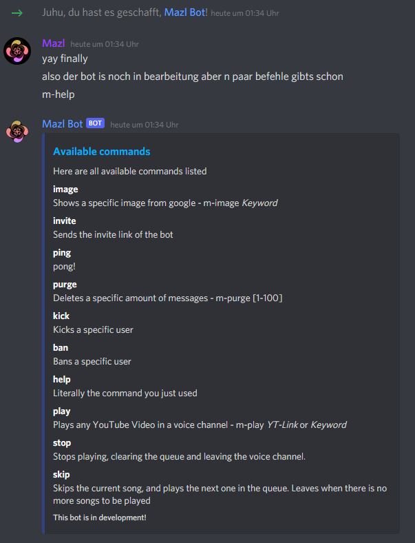 Mazl_GD's tweet photo. So I started to get myself a bit into discord bot coding using java script and its really fun to do. Atleast I now got youtube music integration and its running now 24/7 on my ubuntu server :D kinda proud https://t.co/sVsW7UHNUb