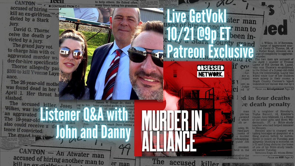 On October 21, ask John and Danny any of your questions about the finale of #MurderInAlliance. @maggiefreleng will host this conversation on GetVokl for members of the @unjustunsolved Patreon. Don't miss this unique opportunity to ask your burning questions... you will have them.