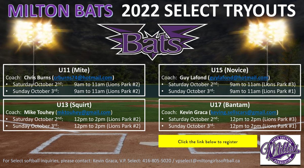 miltongsoftball's tweet photo. The following tryouts have been scheduled for our Milton Bats Select teams for the 2021-22 fastpitch season.

All tryouts will be held at Lions Sports Park in #MiltonON

Click the link below for more into &amp; to pre-register

https://t.co/wR9LYn0fuW

Best of Luck! #FearTheBats 🦇 https://t.co/y8nO5O6kTm