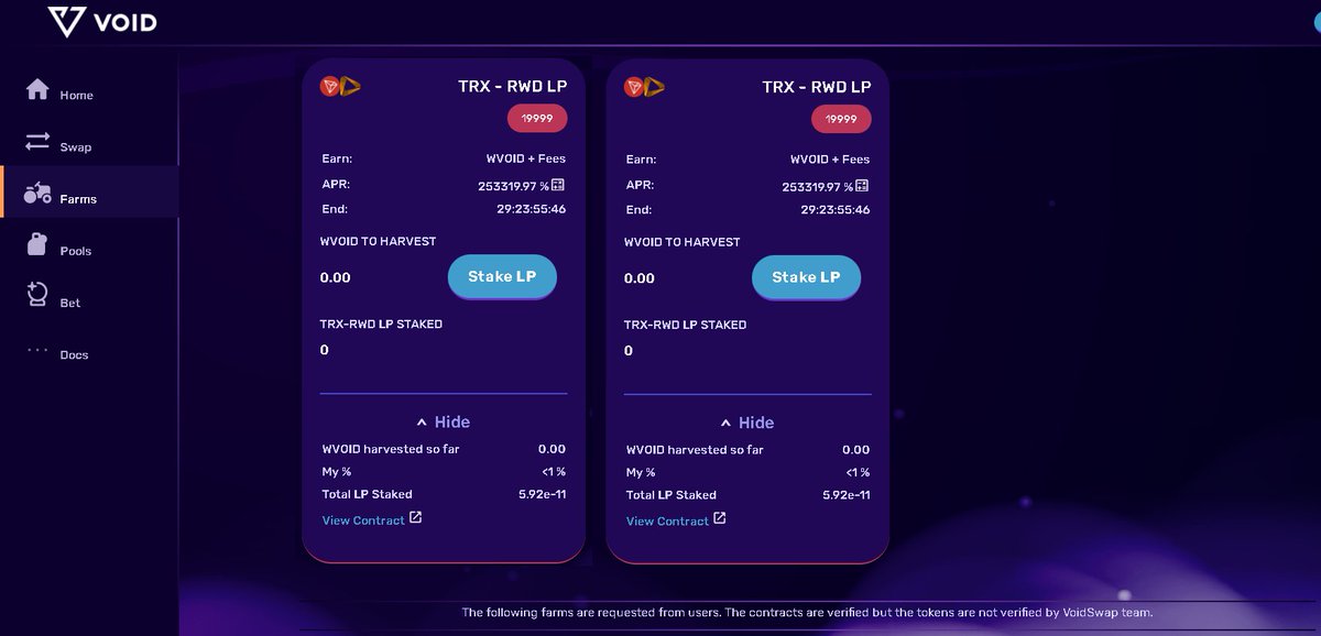 $RWD / #TRX Farm is now live for a duration of one month at voidswap.io.
To jump in simply just add Rwd/TRX liqudity &amp; enjoy Farming $Wvoid which is the Main Token of the <a href="/TrxVoid/">void trx</a> Project .
$Wvoid can be traded /Staked/&amp;..

#Defi #TRON #cryptocurrency #CryptoNews #APY