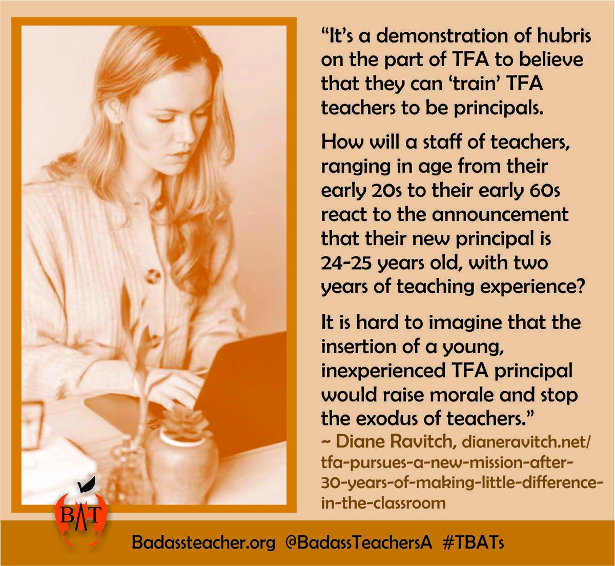Teach for America is a corporate entity that says it can teach non-educators to be teachers in a 5 week boot camp. (Note: they can't.) Now, TFA is planning on turning those 2-year wonders into principals. That's a really bad idea. dianeravitch.net/2021/09/18/tfa… #TBATs @Network4pubEd