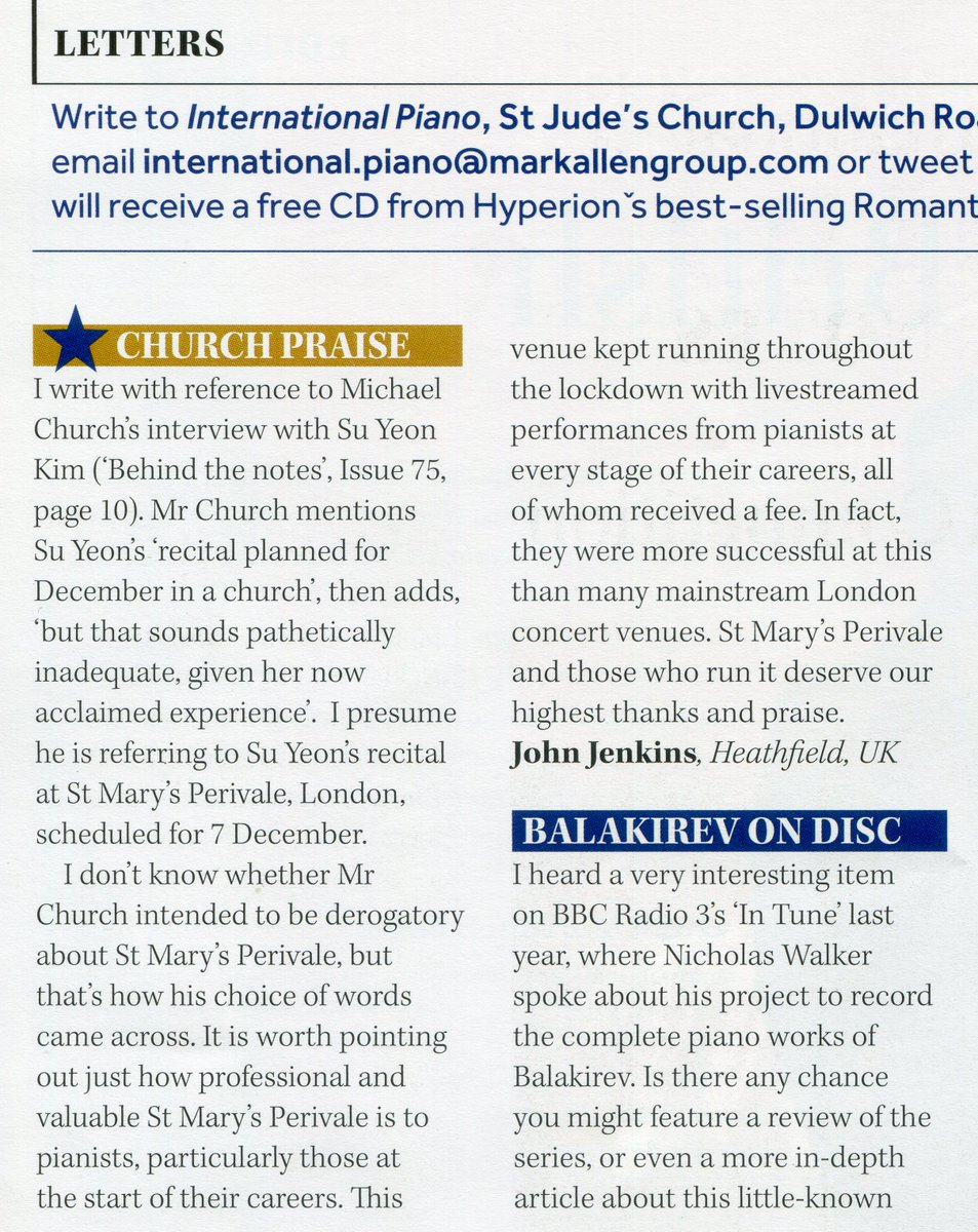 Here’s a nice unsolicited letter to International Piano re the London debut of Su Yeon Kim at St Mary’s Perivale on December 7, and the remark by Michael Church re our ‘pathetically inadequate’ venue.   It’s good to get a mention, even if it’s negative !  st-marys-perivale.org.uk