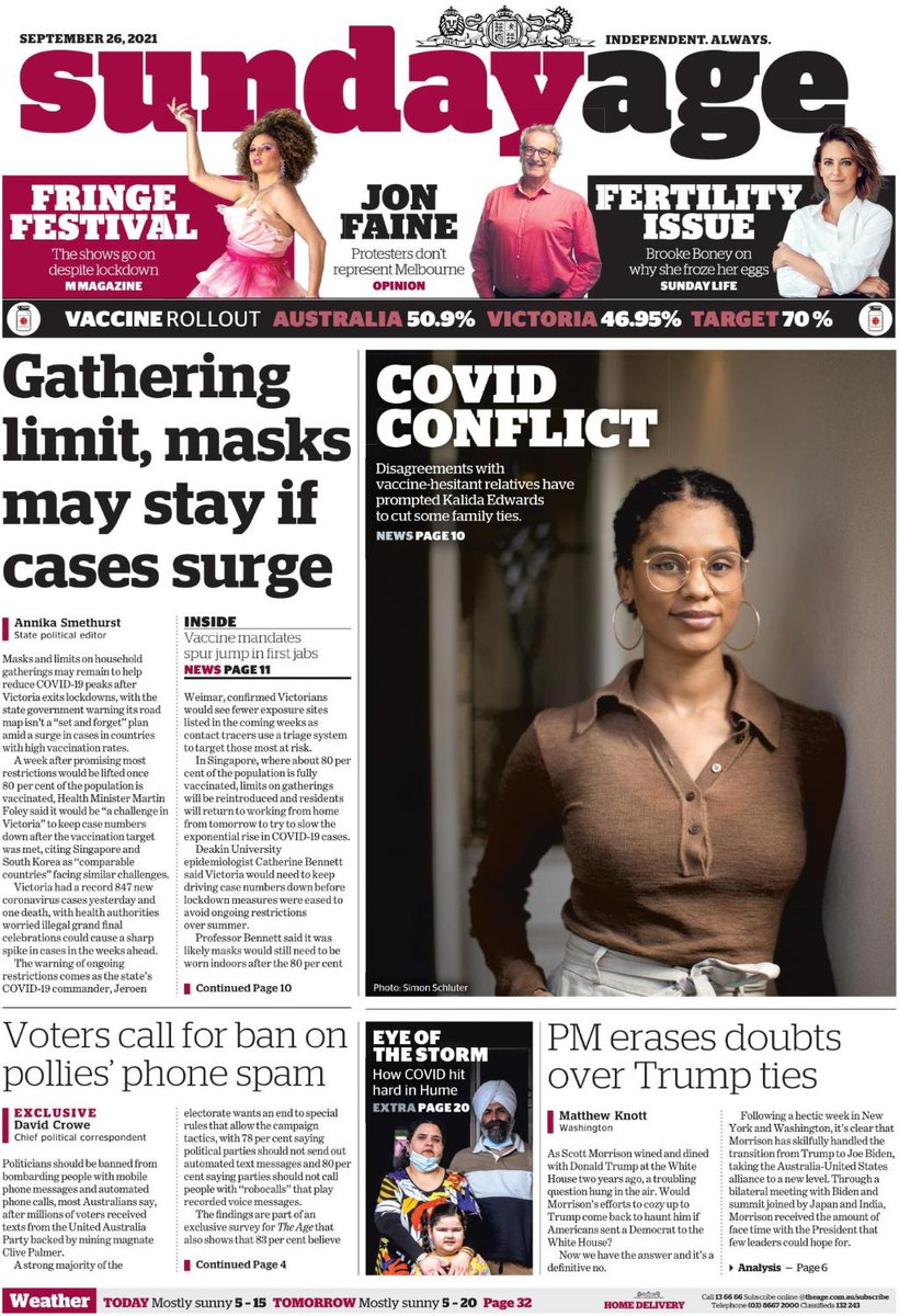 The front page of The Sunday Age for September 26, 2021. Read more news online here: theage.com.au