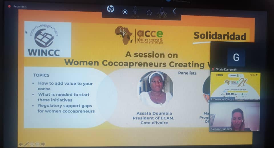 Solidaridad_wa's tweet photo. @Solidaridad_wa and @WinccNetwork yesterday held a session on 'Women Cocoapreneurs creating wealth' at the @accexpo 2021.
Our Head of Gender, @StephySarp, in a remark, said there was a need for a #gender policy backed by a solid implementation plan for the #cocoa sector. https://t.co/5i4WHGfkXn