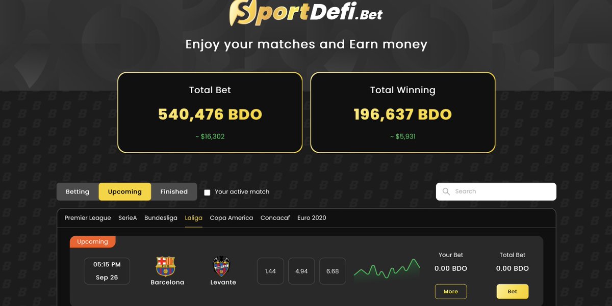 🥳 We are very excited to announce that the #Bundesliga,#SerieA,#LaLiga has been added to our #betting platform!🔥

#Win💰by placing a #bet:

1) Get BDOv2 on bDEX.Fi
2) Visit sportdefi.bet
3) Place bet &amp; win! 

Have fun &amp; Bet Responsibly!

$BNB #BSC $BDO