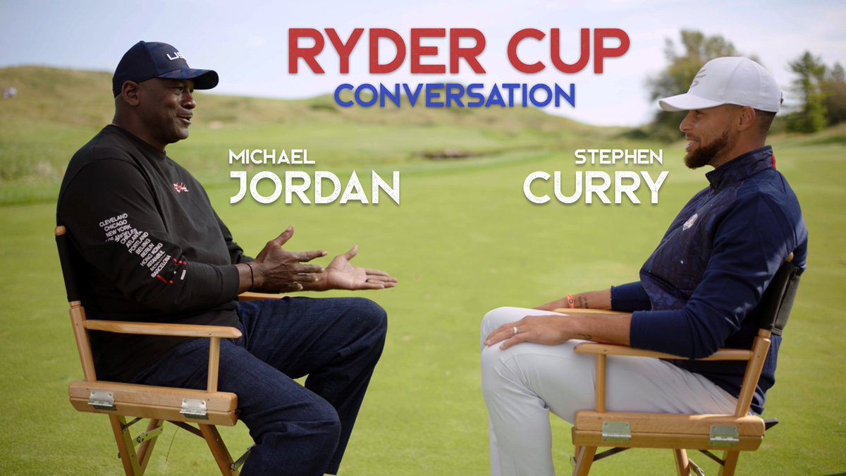 NBCSports's tweet photo. Basketball 🤝 Golf

@StephenCurry30 sits down with Michael Jordan to talk about his history at the #RyderCup, competing on the greatest stages in sports &amp; more!

Watch Live From The Ryder Cup tomorrow morning at 9 a.m. ET on GOLF, https://t.co/azaFzrNWGx and NBC Sports App. https://t.co/5buukcaT8G