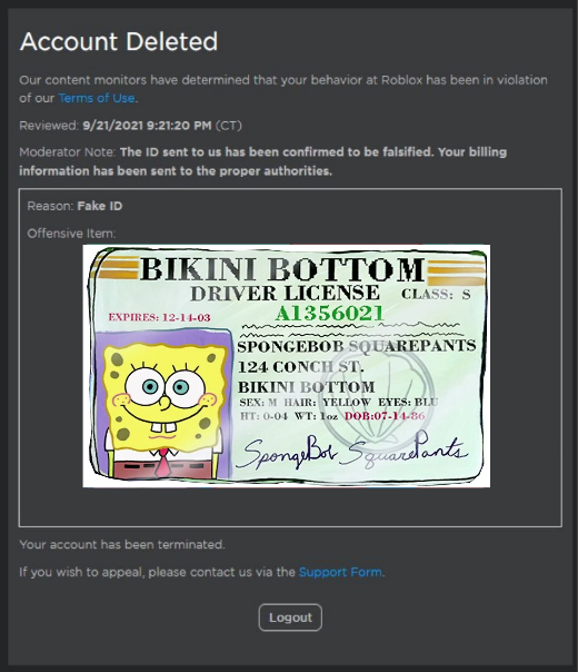 Roblox fake ID bans be like:, Banned From Roblox