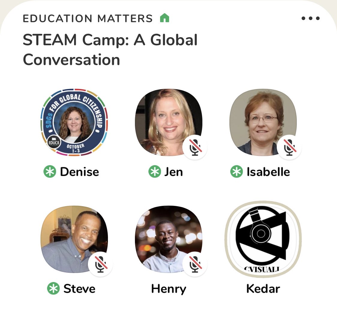 Energizing discussion on @Clubhouse #STEAMCamp facilitated by @MsNewsomesNotes with @IsabelleLagadic, Steve Dorsey, @Terry_allmine & #CVisuali - how STEAM inspires creative thinking & problem solving. Join @Educ8World for the SDG conf on Oct 1 - 3
