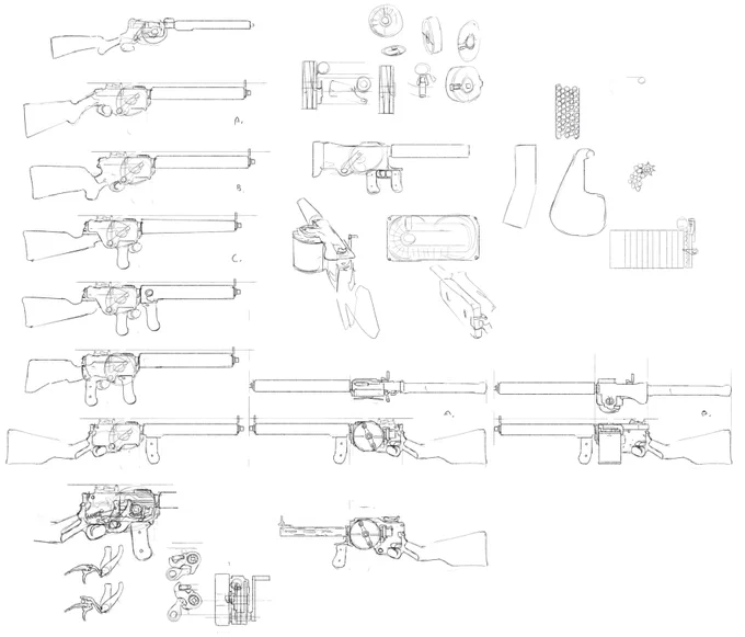 More concept art. For the longest time, the Blikopener was going to have a side-mounted pan magazine. In the end, much of the internals of the weapon would remain identical, only the feeding mechanisms would be oriented vertically so as to accept the vertical drum magazine. 