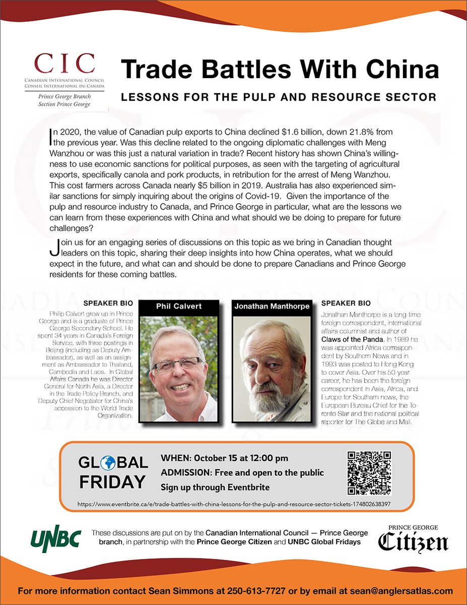 CicPrinceGeorge's tweet photo. Trade Battles With China - Lessons for the Pulp and Resource Sectors. Join us October 15 with two top notch speakers on this subject: @PhilCalvert2 and @jwmanthorpe. Sign up through Eventbrite - https://t.co/5vAy9GJ3oB https://t.co/qy5jBEfPT7