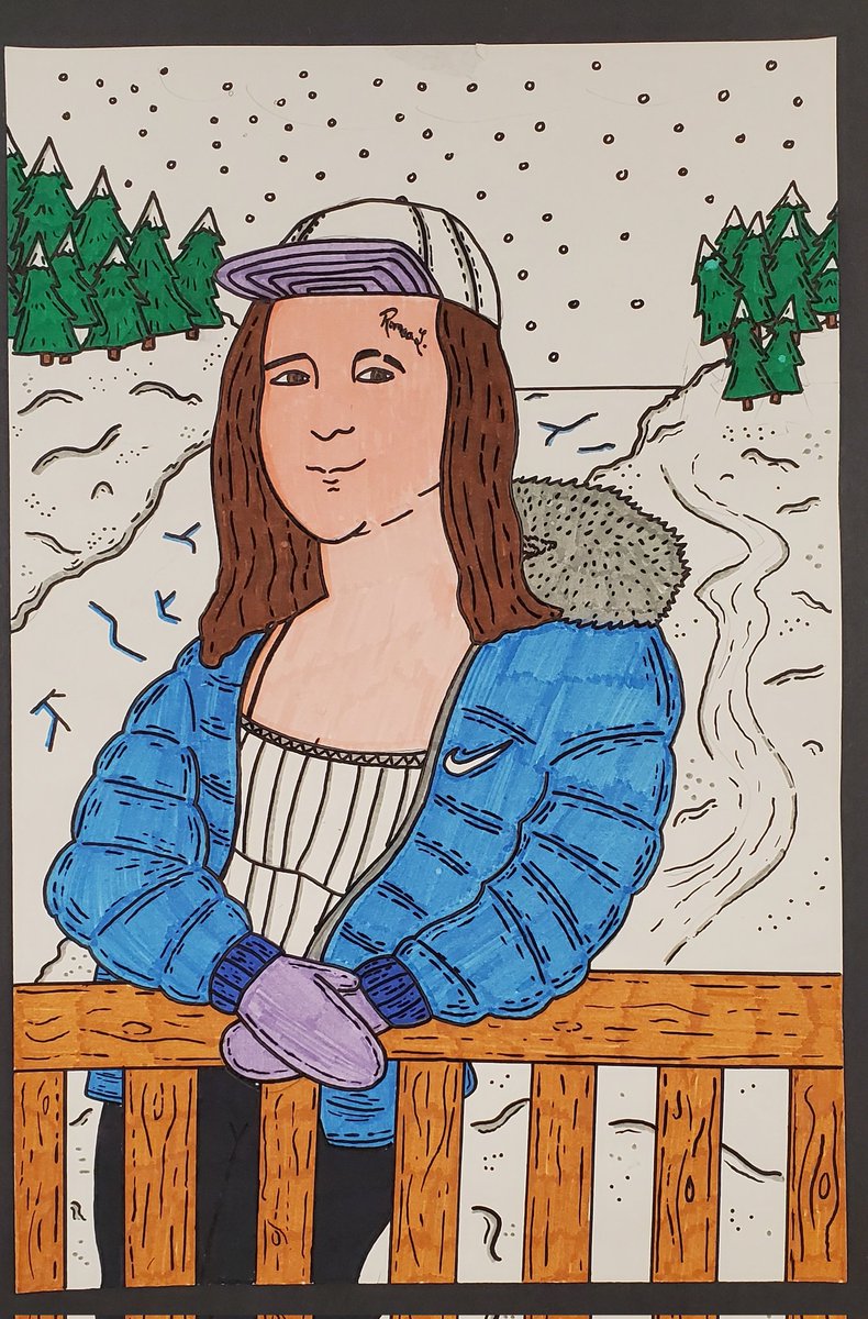 OakVisual's tweet photo. Grade 10 Parody drawings.  They had to create a parody of either The Mona Lisa(Da Vinci) or The Great Wave(Hokusai).  Excellent work Oaks! @Oakridge_SS https://t.co/Qjtj5Qsr6p