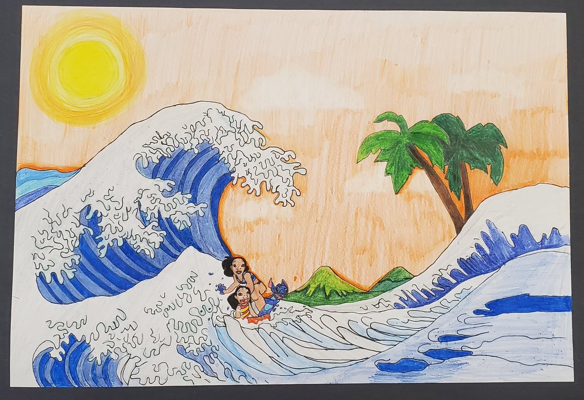 OakVisual's tweet photo. Grade 10 Parody drawings.  They had to create a parody of either The Mona Lisa(Da Vinci) or The Great Wave(Hokusai).  Excellent work Oaks! @Oakridge_SS https://t.co/Qjtj5Qsr6p