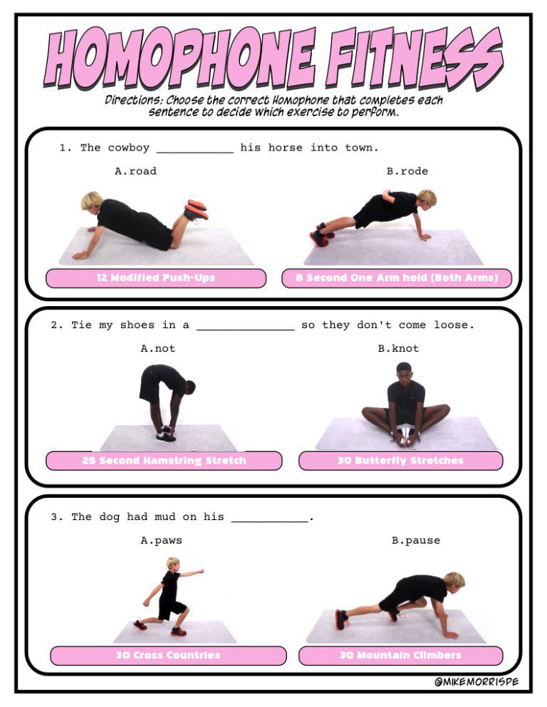 MikeMorrisPE's tweet image. This week my 3-5 Students completed Homophone Fitness as a warmup. Ss Fill in the blank by completing  the exercise of that corresponds with the correct homophone. Excellent activity if you are looking to incorporate ELA into your #physed classes.  
mikemorrispe.com/fitness-activi…