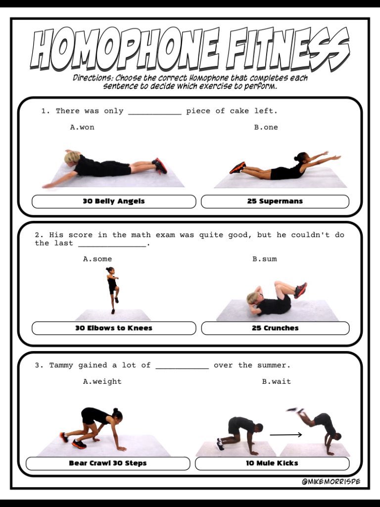 MikeMorrisPE's tweet image. This week my 3-5 Students completed Homophone Fitness as a warmup. Ss Fill in the blank by completing  the exercise of that corresponds with the correct homophone. Excellent activity if you are looking to incorporate ELA into your #physed classes.  
mikemorrispe.com/fitness-activi…