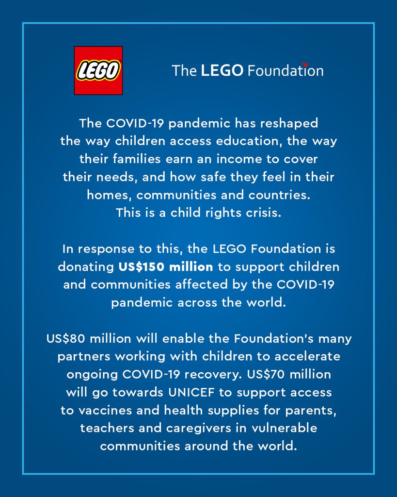 forbrug Fysik chokerende LEGO Education on Twitter: "In response to the devastating impact of  COVID-19, the LEGO Foundation is donating $150M USD to support children and  communities across the world. https://t.co/xfLbujMlPF" / Twitter