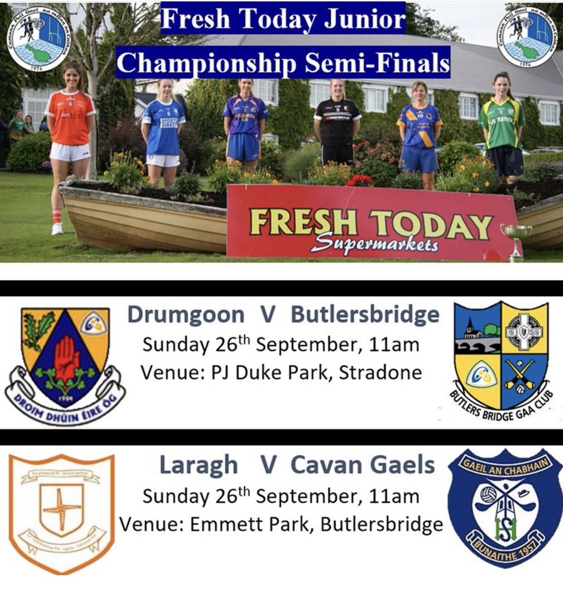 Best of luck to the Senior ladies' team &amp; management tomorrow in the Fresh Today Junior Semifinal. 
⚽️ Laragh v Cavan Gaels
🗓 Sunday 26th
⏰11 am 
📍Butlersbridge <a href="/CavanLGFA/">CavanLGFA</a>