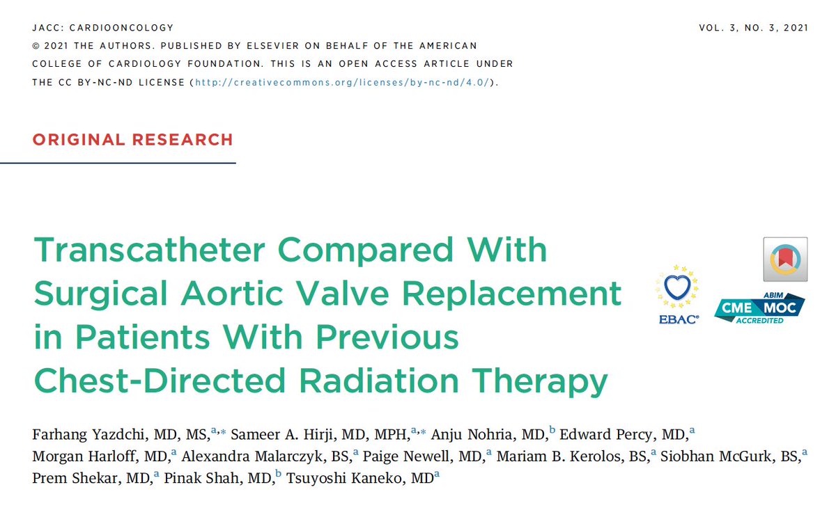 🔥🔥Just in @JACCJournals #cardiooncology, @FYazdchi, @TsuyoshiKaneko1 and I examine #SAVR vs #TAVR in pts with previous chest #radiation. Useful data for the #heart team evaluation. tinyurl.com/y6nbfts Excellent editorial by @GilbertTangMD et al. @ACCinTouch @STS_CTsurgery