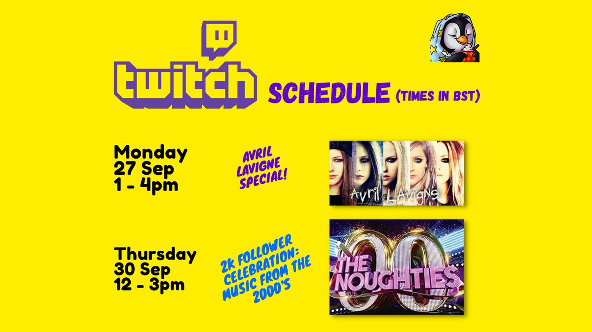 Fun week on Twitch coming up! All Avril Lavigne songs on Monday and then celebrating 2k followers with songs from the 2000s on Thursday. Can't wait!
