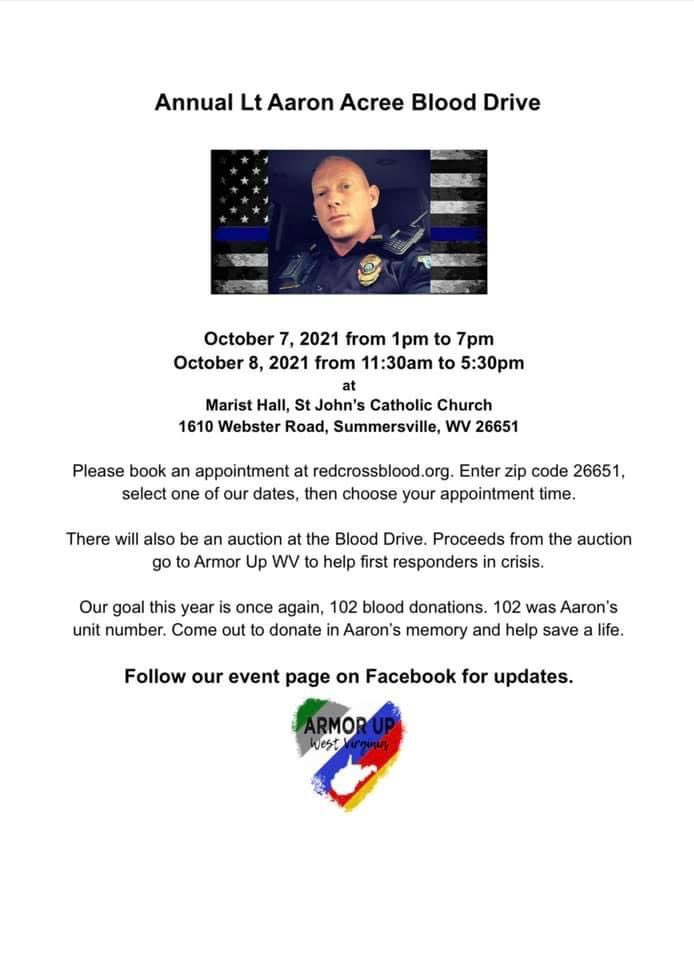 SPattersonMusic's tweet photo. In #WV? Please consider registering to donate blood in honor of our friend, Lt. Aaron Acree

Thank you @ArmorupW for the work they do for #FirstResponders &amp; thank you to the donors &amp; volunteers ❤️

Sign up w/zip code 26651: https://t.co/UFKEWaEa6f #redcross #WestVirginia #PTSD https://t.co/jsD0n1PeIU