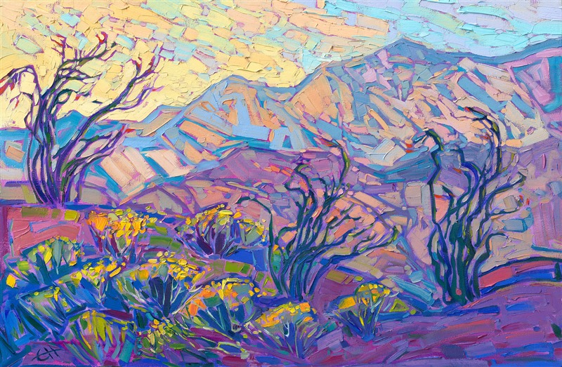 ErinHansonArt's tweet photo. Desert Hues
by Erin Hanson, 2021
20 x 30 in
A high mountain ridge spotted with ocotillo plants overlooks the distant mountains of the San Jacinto range. The desert colors of taupe and gold merge with shadows of lavender and blue.
https://t.co/2QSyuWUOL6
#Freshofftheeasel https://t.co/yyxIFdgBMz