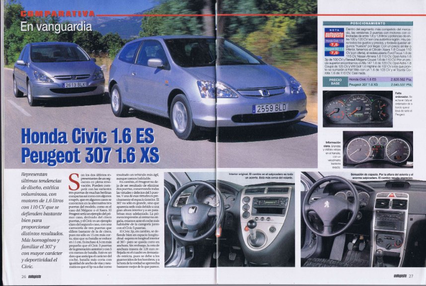 AyerCars's tweet photo. #Hace20años en Autopista de 25/9/2001: comparativa entre el Honda Civic 1.6 ES y el Peugeot 307 1.6 XS ("En vanguardia") https://t.co/OVtkzeHvDO