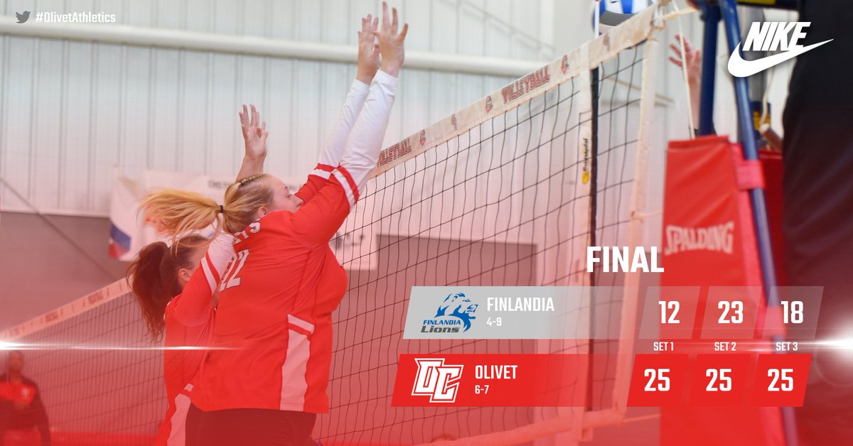 The @OlivetCollegeVB team sweeps Finlandia in three sets -- Olivia DuFore: 14 kills, .333 attack percentage. Ellie Louiselle: 13 kills, .346 attack percentage. Kennedy Blackburn: 27 set assists. Drue Mullin: 20 digs. #GoCOMETS #OCNation #d3vb