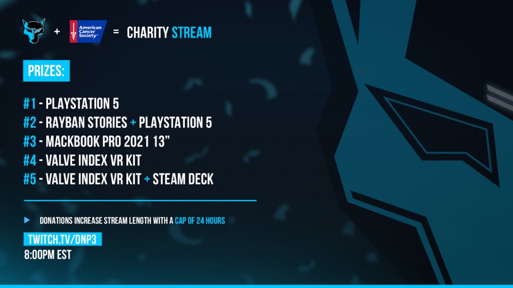 DNPthree's tweet photo. Like this tweet for a chance to win $1,000 at the start of stream.

Giving away 2 PS5s, a MacBook and so much more tonight. 

Charity stream starts in 60 minutes with thousands in prizes and a special guest from @AmericanCancer https://t.co/8q3dU8VcUM