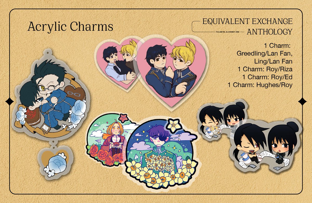 EE_Anthology's tweet photo. We've got a charm for (practically) every ship!

If you love #HughesRoy, @cowania_ has you covered. #Royai shipper? Brunch did a gorgeous double-sided one. Greedling/Lan Fan your cup of tea? Snag @clairvuyant's double-sided charm! For #RoyEd fans, @rie_bunn brought the angst… 💔 https://t.co/w77o0pDgOh