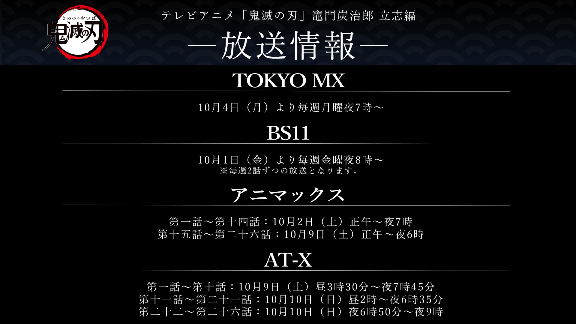 鬼滅の刃公式 立志編 再放送決定 テレビアニメ 鬼滅の刃 竈門炭治郎 立志編の再放送が以下の放送局で決定いたしました Tokyo Mx 10 4 月 夜7時 Bs11 10 1 金 夜8時 アニマックス 10 2 土 正午 At X 10 9 土 昼3時30分 ぜひご視聴