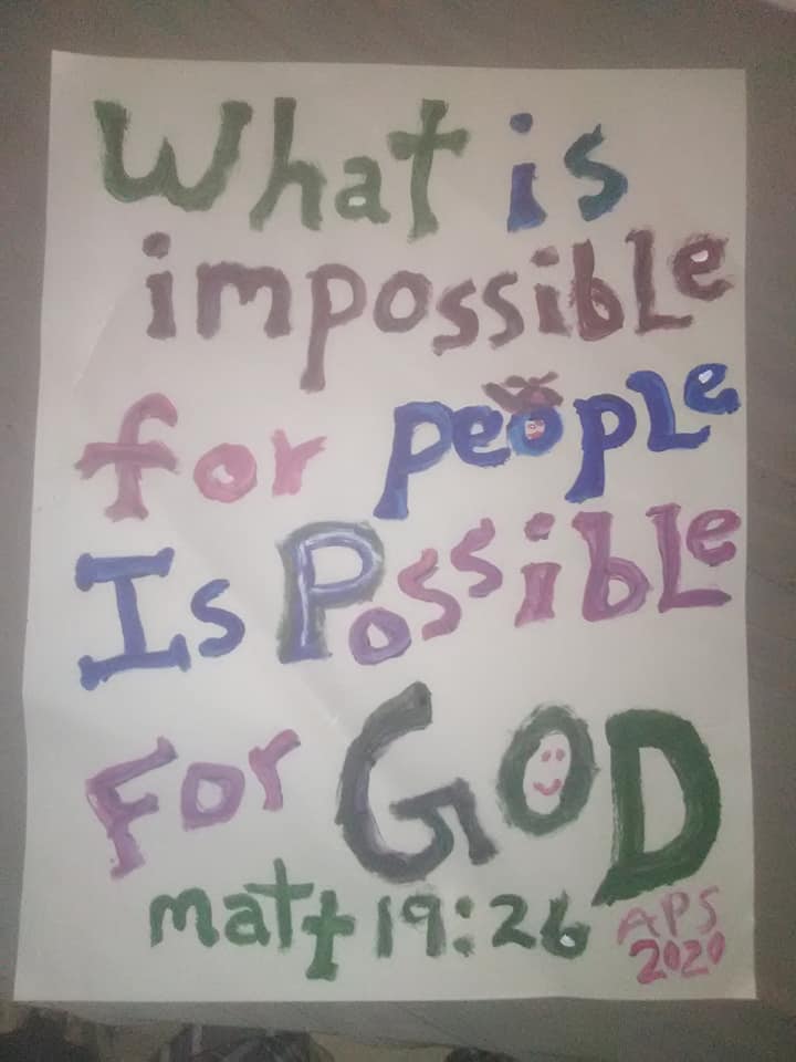 artpaulrocks's tweet photo. Matthew 19 verse 26 by Art Paul Schlosser (Acrylic paint on Cardboard) #artbyartpaul #artpaulschlosser #calligraphy #matthew1926 #impossible #PossibleWithGod https://t.co/1eQRQvvDnO