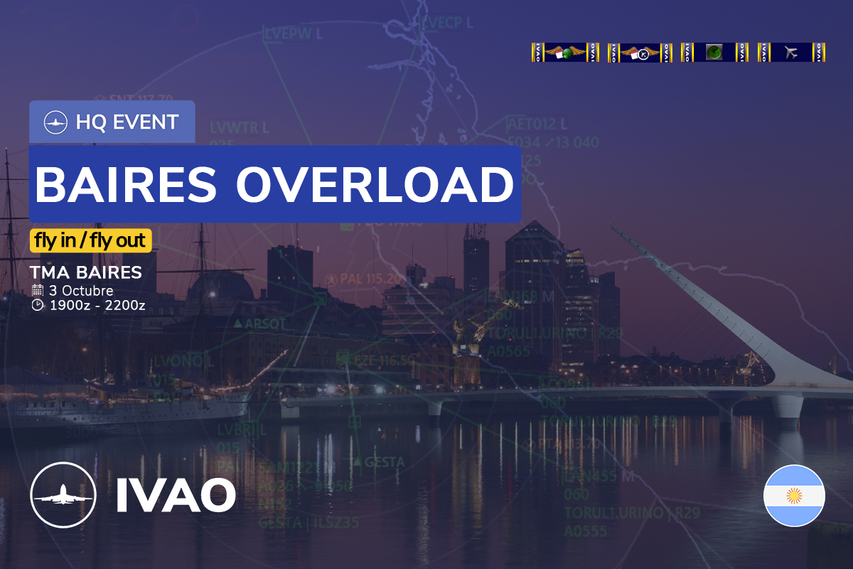 ivaoAR's tweet photo. #HOY
BAIRES OVERLOAD | #HQEvent 
🗓️ | HOY/today 
⏰ | 1900z

Los esperamos a todos para sobrecargar el TMA de Baires. 
+ info: https://t.co/GJmZ6pazP3

#IVAOArgentina https://t.co/91ziRAeyK3