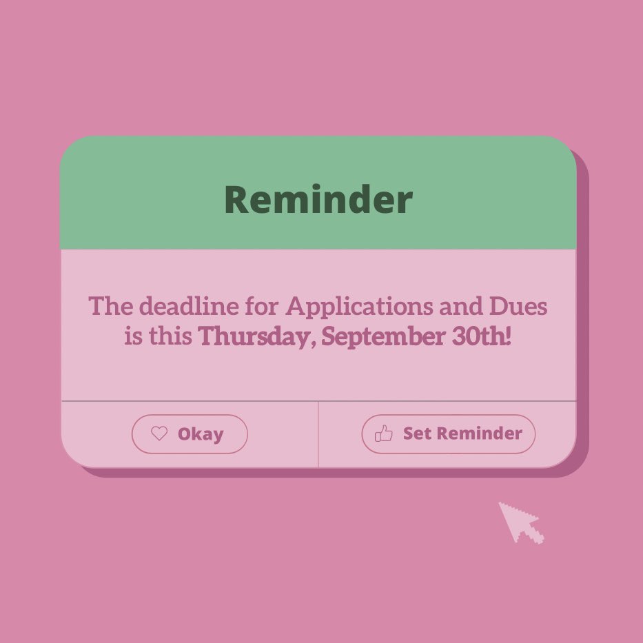 UNT_WIB's tweet photo. The deadline for applications and dues is approaching. For applications, please bring them to the next meeting or submit them via email to unt.wib@gmail.com. For Dues, bring cash to the meeting or pay via Venmo to @ Kat-Dunlop by Thursday, September 30th! 
#UNT #UNTWIB https://t.co/6vDGmXNa7N