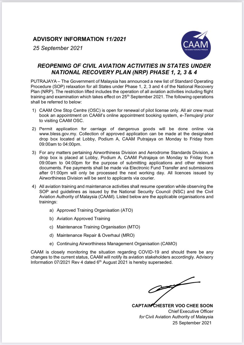 Reopening of Civil Aviation Activities in States Under NRP Phase 1, 2, 3 &amp; 4✈️

Kindly visit caam.gov.my for more info