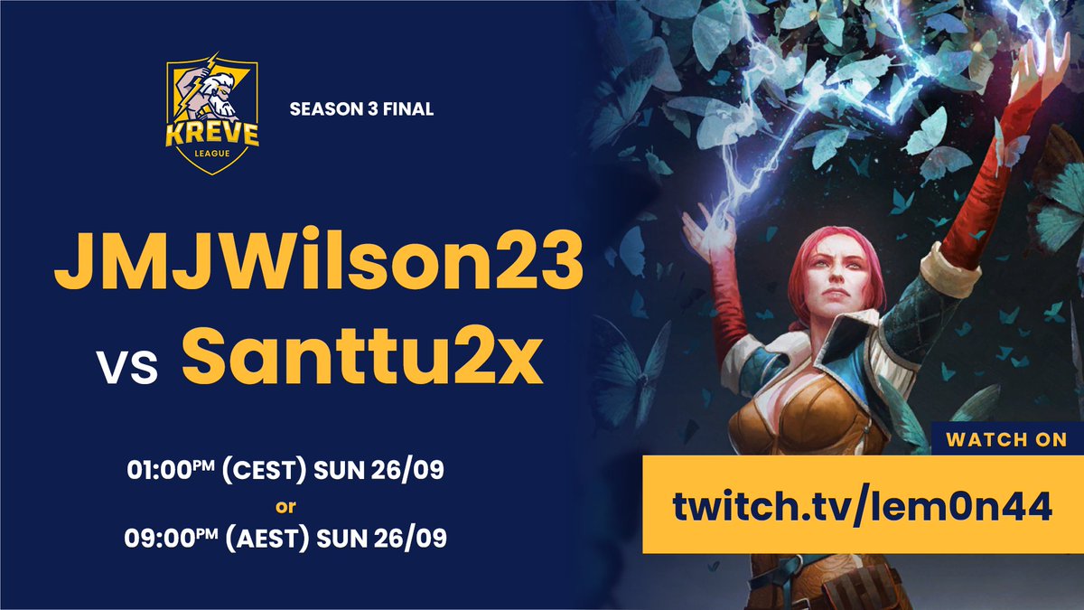 We are now down to our last two players in the #KreveLeague playoffs!

⚔️@JMJWilson23 vs <a href="/santtu2x/">Santtu2x</a>⚔️

Tune into the finals on twitch.tv/lem0n44 at 9PM AEST / 1PM CEST (TODAY) 26/09/21
to catch <a href="/lemon44_/">lemon44</a> &amp; <a href="/vanandmunter181/">vanandmunter181</a> casting the culmination of the season!

⚡⚡⚡