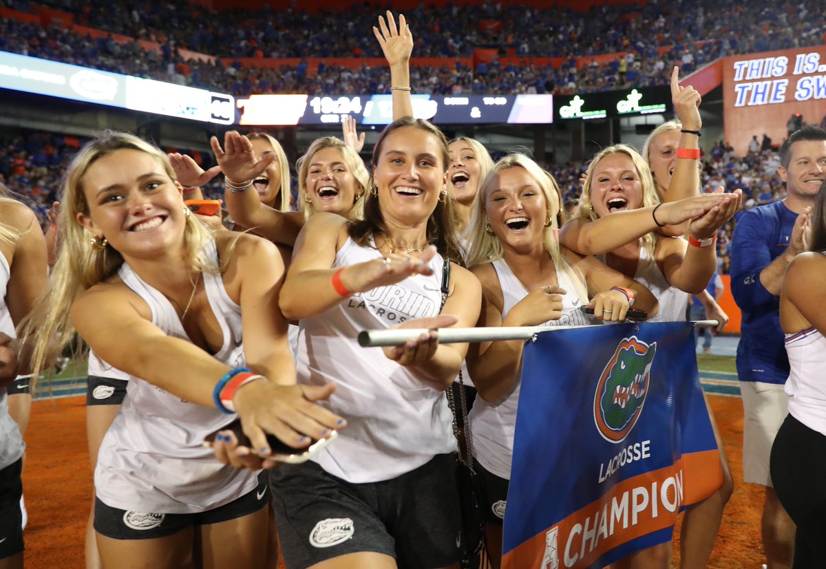GatorsLAX's tweet photo. Celebrating the 2021 AAC Championship on the big stage 🤩

#FLax #GoGators https://t.co/acdJUGpI18