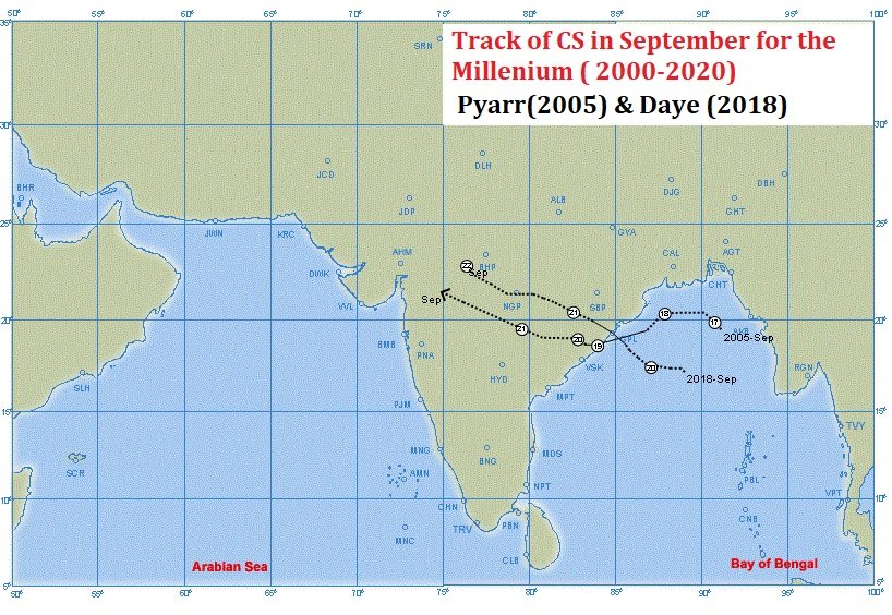 usd0705's tweet photo. #Gulab is the #3rd Cyclone over Bay in September month since 2000
#Daye is the first ever #cyclone that i was directly involved in tracking its movement after my entry to IMD
It made landfall near Gopalpur on 20th Sep
Track of September #Cyclones #Pyarr(2005) and #Daye(2018) https://t.co/ufjr8rjaIH