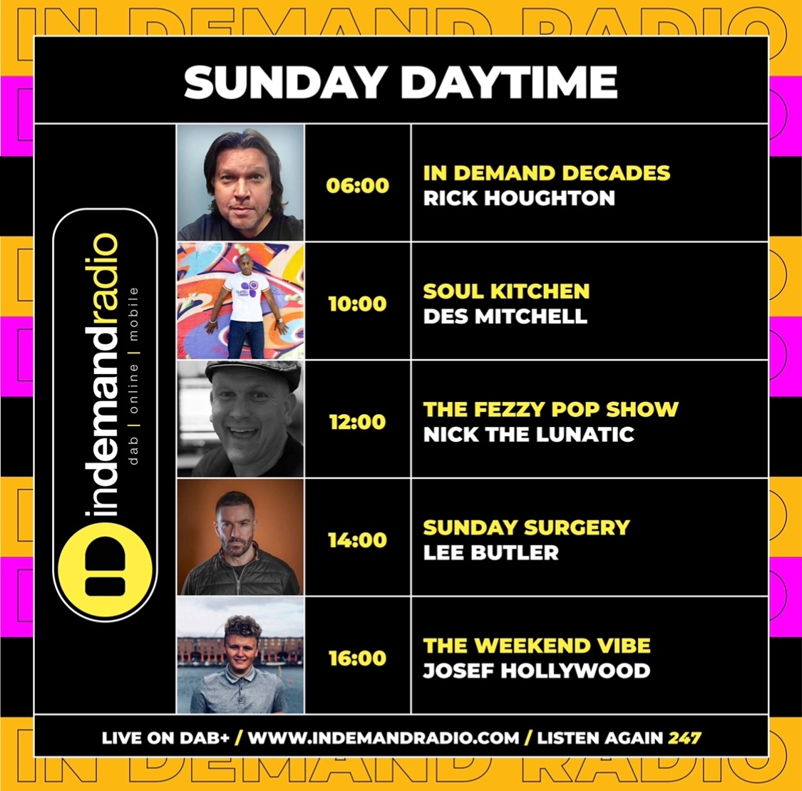 InDemandDecades's tweet photo. Sunday Morning with In Demand Radio! 😃⁠
⁠
@Hortini  // @desmitchell  // Nick The Lunatic &amp; @djjohnb7 // @DjLeeButler // @JosefHollywood 
⁠
⁠
👇 Click Link to Listen Via App or Website
https://t.co/nVbe41qKKS  https://t.co/lnwMmLxClg