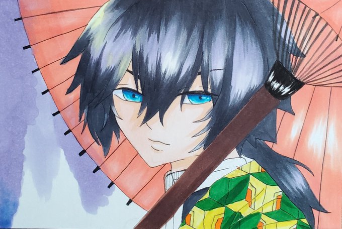 スイレン(元狗漣)@写真部さんがTwitterに投稿した冨岡義勇(鬼滅の刃)のイラスト。