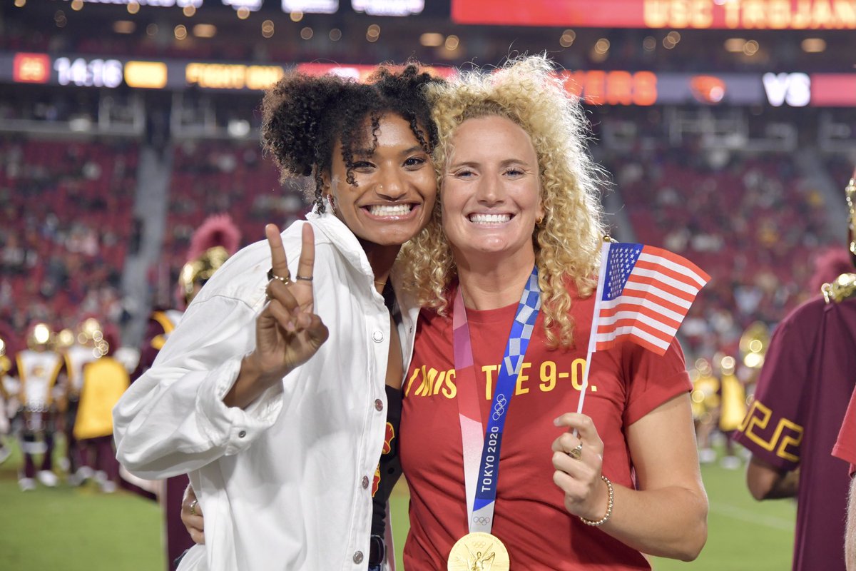 USC_Athletics's tweet photo. So proud to honor our Tokyo Olympians at tonight’s @USC_FB game! #FightOn 🥇 https://t.co/ytSxHIAcPF