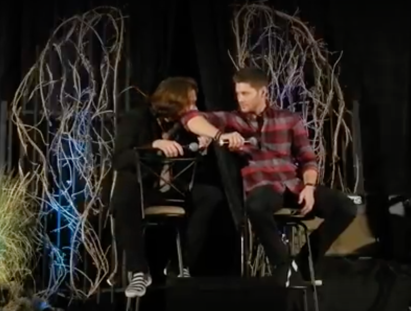 spndeangirl's tweet photo. Jensen offering his sleeve for Jared to wipe his nose....as big brothers do. :P
#BurCon2016 #SPNConPanelSaturday #SPNFamily https://t.co/QyprXdpeLo