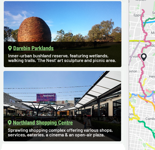 melbbiketrails's tweet photo. A new feature I'm working on as part of a broader website update - highlighting things to do &amp; see along the trails. I'll be asking for recommendations for each trail as I get closer to launching it! #sneakpeak https://t.co/5O8GREZscR