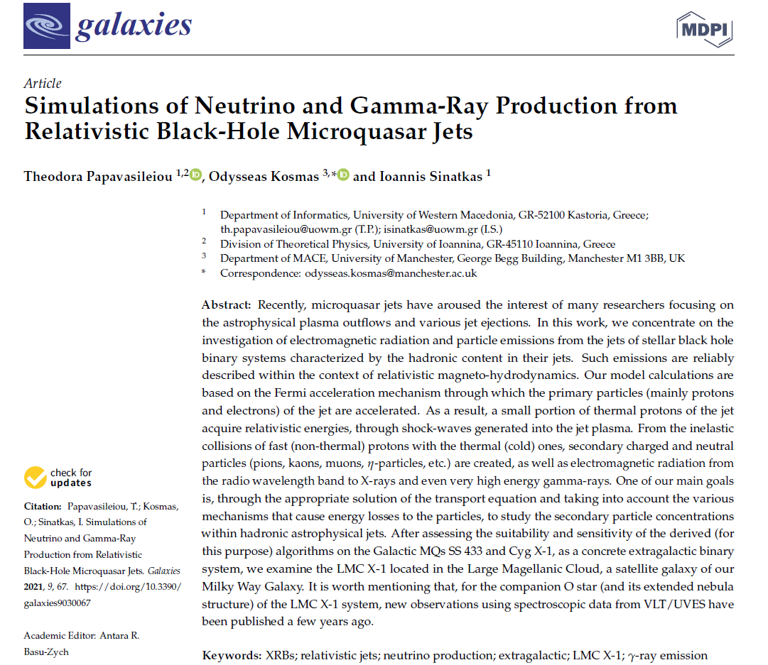 Galaxies_MDPI's tweet photo. #CallforReading #mdpigalaxies
👉New Publication: Simulations of #Neutrino and Gamma-Ray Production from Relativistic Black-Hole Microquasar Jets
https://t.co/vbCLM9OEe4
#XRBs #RelativisticJets #extragalactic
It is the first publication in Special Issue: https://t.co/16kMNM20k3 https://t.co/qewaQIAH6N