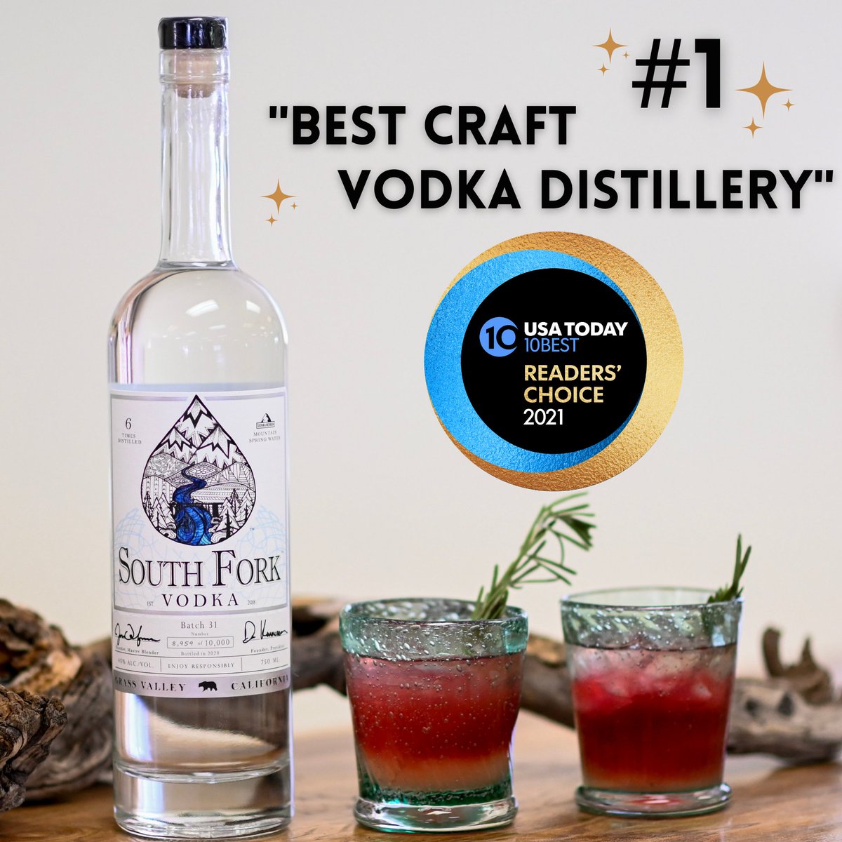 SouthForkVodka's tweet photo. Introducing the #1 BEST CRAFT VODKA DISTILLERY!

We are thrilled to announce that SOUTH FORK VODKA took number 1 in the 2021 USA TODAY 10Best Readers' Choice award contest. https://t.co/I09c6TlNCL