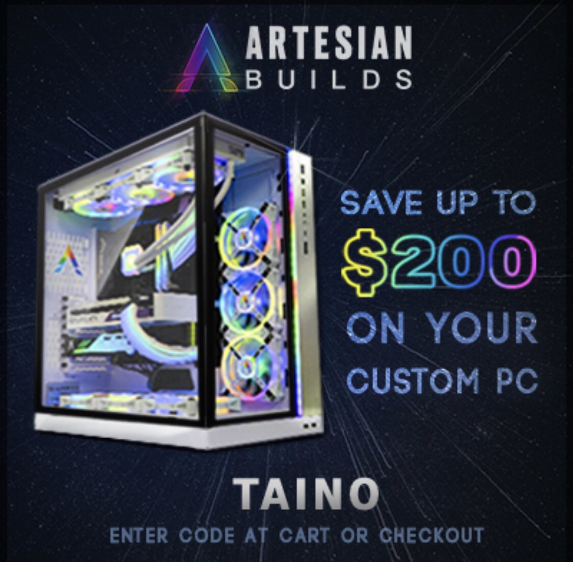 Taino_Tribe's tweet photo. Tribe I am excited to announce that I'm now an Ambassador with @ArtesianBuilds, a custom #gamingpc company that builds all customer PC's live! 

If you've been thinking of upgrading your system, you can now use code TAINO to get up to $200 off yours! 

https://t.co/KCAVRmIXKa https://t.co/YsaQbyPyjh