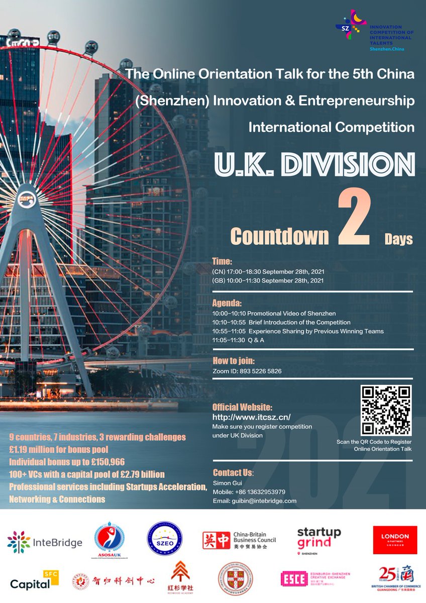 9 countries, 7 industries, the 5th China (Shenzhen) Innovation and Entrepreneurship International Competition U.K.Division is coming!😆
Click the website to Register Online Orientation Talk🥳
eventbrite.com/e/172447293497