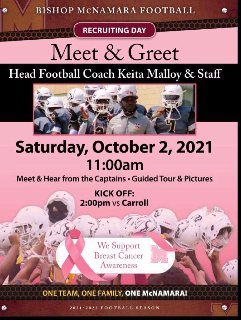 CoachWoodland's tweet photo. Come learn about our culture and the GREAT student athletes Bishop McNamara High School produces directly from our captains and coaching staff! #OTOFOM https://t.co/KyhKUx3fyu