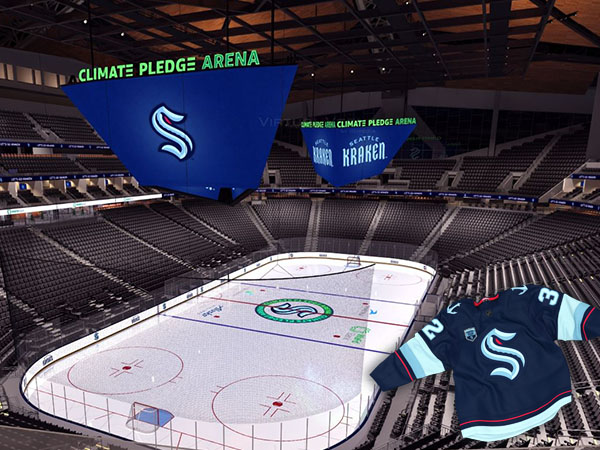 rendering of the ice rink and dual video boards at climate pledge arena & a kraken jersey rendering in the corner