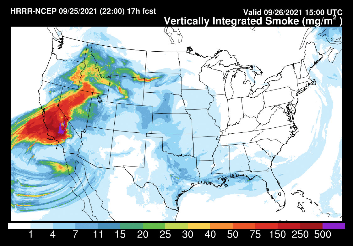 NWSLosAngeles's tweet photo. Smoke from the S Sierra fires is over NW Santa Barbara Co and SLO Co tonight, and upper level winds will shift more northerly, bringing smoke back to VTA and LA Co by Sun am. #LAwx #socal #wildfiresmoke #CAsmoke

HRRR Smoke Model, image valid at 8am PDT
https://t.co/ON3IZNbM4G https://t.co/qrdFofcLjG