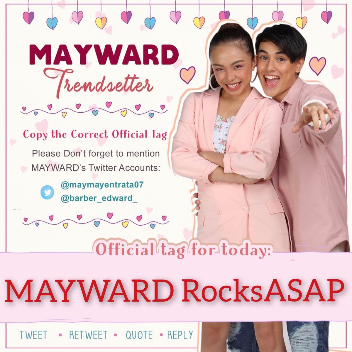 mwtrendsetter's tweet photo. Let's start the week right with Maymay &amp; Edward! 

Abangan ang kanilang kilig overload performance mamaya sa ASAPNatinTo! @ASAPOfficial @iwantasapofc

OFFICIAL TAG ALERT:

MAYWARD RocksASAP

#MayWard
@maymayentrata07 @Barber_Edward_ https://t.co/fUsl5QL3AE